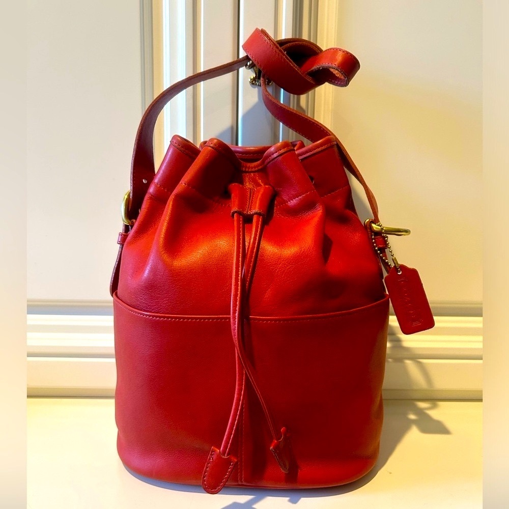 🍎🌺Coach 4151 Vintage Thompson Drawstring Bucket Bag Leather Red Vtg US